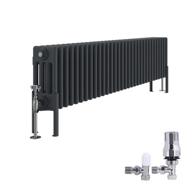 Right Radiators Anthracite Traditional Column Radiator Horizontal Cast Iron Style Rads 300X1460mm With Angled Thermostatic Valve Size 4