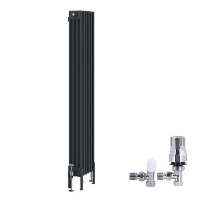 B&Q -  Traditional 4 Column Radiator Vertical Cast Iron Style Rads 1500X290mm Anthracite With Angled Thermostatic Valve