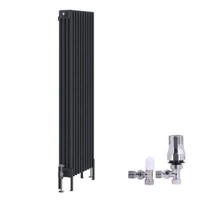 B&Q -  Traditional 4 Column Radiator Vertical Cast Iron Style Rads 1500X470mm Anthracite With Angled Thermostatic Valve