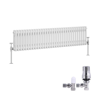 Right Radiators Traditional 2 Column Radiator Horizontal Cast Iron Style Rads 300X1460mm With Angled Thermostatic Valve White