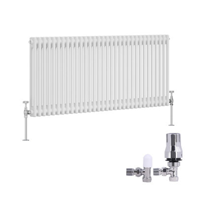 B&Q -  Traditional 2 Column Radiator Horizontal Cast Iron Style Rads 600X1460mm White With Angled Thermostatic Valve