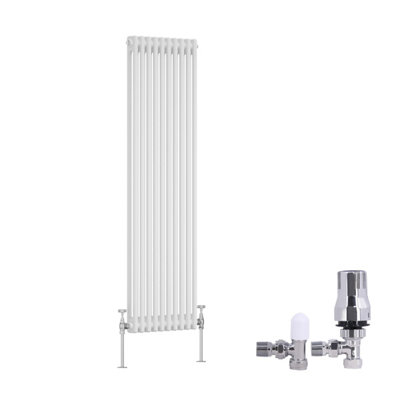 B&Q -  Traditional 2 Column Radiator Vertical Cast Iron Style Rads 1500X470mm White With Angled Thermostatic Valve