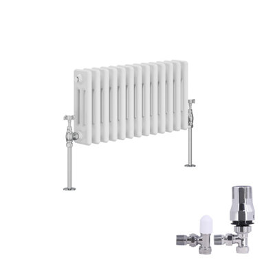 B&Q -  Traditional 3 Column Radiator Horizontal Cast Iron Style Rads 300X607mm White With Angled Thermostatic Valve