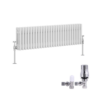 B&Q -  Traditional 3 Column Radiator Horizontal Cast Iron Style Rads 300X1192mm White With Angled Thermostatic Valve