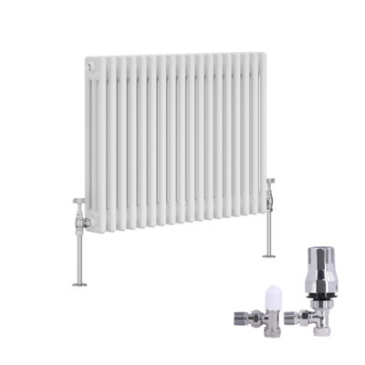 B&Q -  Traditional 3 Column Radiator Horizontal Cast Iron Style Rads 600X832mm White With Angled Thermostatic Valve