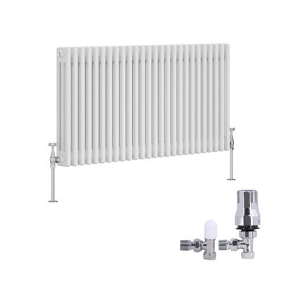 B&Q -  Traditional 3 Column Radiator Horizontal Cast Iron Style Rads 600X1192mm White With Angled Thermostatic Valve