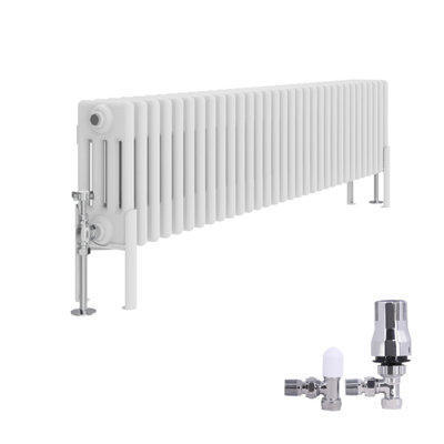 Right Radiators Traditional 4 Column Radiator Horizontal Cast Iron Style Rads 300X1460mm With Angled Thermostatic Valve White