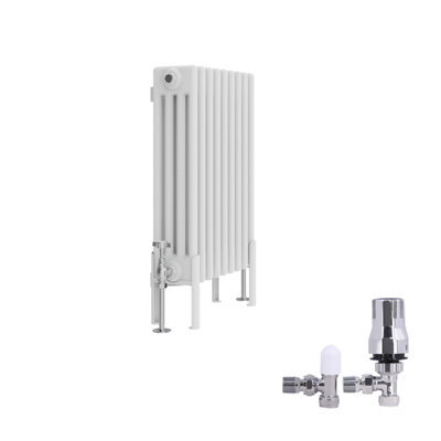 B&Q -  Traditional 4 Column Radiator Horizontal Cast Iron Style Rads 600X425mm White With Angled Thermostatic Valve