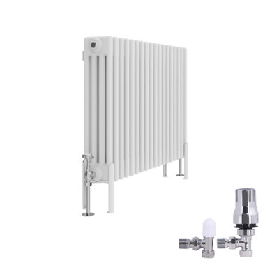 B&Q -  Traditional 4 Column Radiator Horizontal Cast Iron Style Rads 600X830mm White With Angled Thermostatic Valve