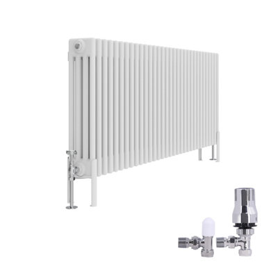 B&Q -  Traditional 4 Column Radiator Horizontal Cast Iron Style Rads 600X1460mm White With Angled Thermostatic Valve