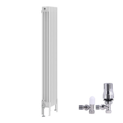 B&Q -  Traditional 4 Column Radiator Vertical Cast Iron Style Rads 1500X290mm White With Angled Thermostatic Valve