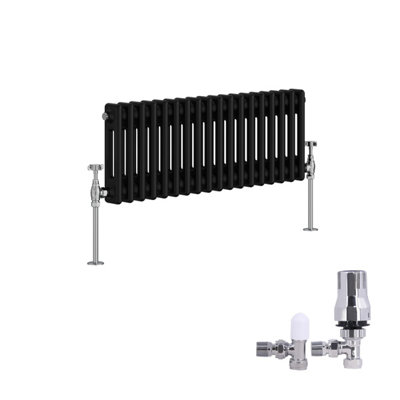 B&Q -  Traditional 2 Column Radiator Horizontal Cast Iron Style Rads 300X830mm Black With Angled Thermostatic Valve