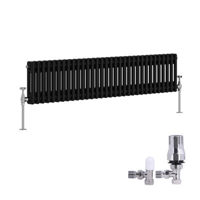 B&Q -  Traditional 2 Column Radiator Horizontal Cast Iron Style Rads 300X1460mm Black With Angled Thermostatic Valve