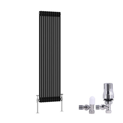 B&Q -  Traditional 2 Column Radiator Vertical Cast Iron Style Rads 1500X470mm Black With Angled Thermostatic Valve