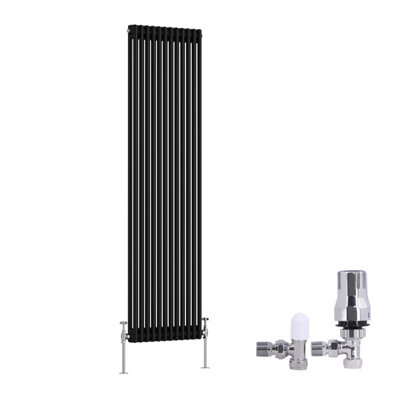 B&Q -  Traditional 2 Column Radiator Vertical Cast Iron Style Rads 1800X560mm Black With Angled Thermostatic Valve