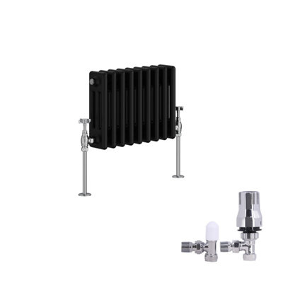 B&Q -  Traditional 3 Column Radiator Horizontal Cast Iron Style Rads 300X427mm Black With Angled Thermostatic Valve