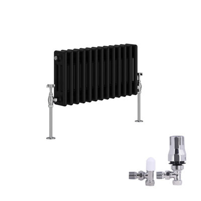 B&Q -  Traditional 3 Column Radiator Horizontal Cast Iron Style Rads 300X607mm Black With Angled Thermostatic Valve