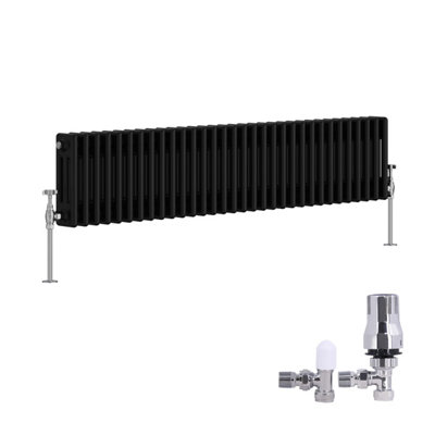 B&Q -  Traditional 3 Column Radiator Horizontal Cast Iron Style Rads 300X1462mm Black With Angled Thermostatic Valve