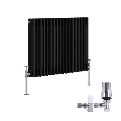 B&Q -  Traditional 3 Column Radiator Horizontal Cast Iron Style Rads 600X832mm Black With Angled Thermostatic Valve