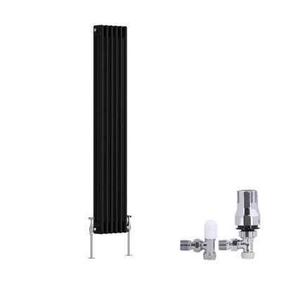 B&Q -  Traditional 3 Column Radiator Vertical Cast Iron Style Rads 1500X292mm Black With Angled Thermostatic Valve