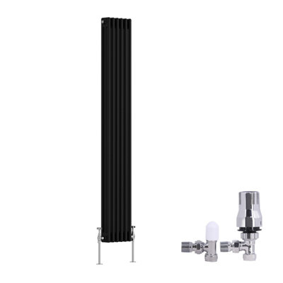 B&Q -  Traditional 3 Column Radiator Vertical Cast Iron Style Rads 1800X292mm Black With Angled Thermostatic Valve
