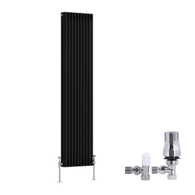 B&Q -  Traditional 3 Column Radiator Vertical Cast Iron Style Rads 1800X472mm Black With Angled Thermostatic Valve