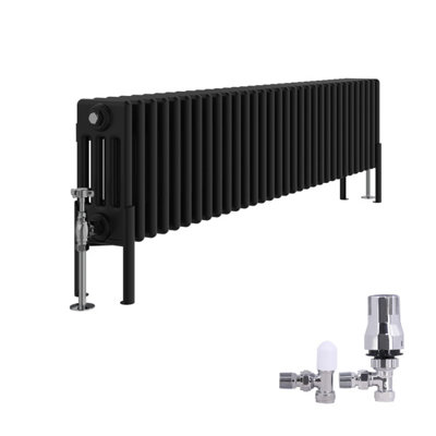 Right Radiators Traditional 4 Column Radiator Horizontal Cast Iron Style Rads 300X1460mm With Angled Thermostatic Valve Black