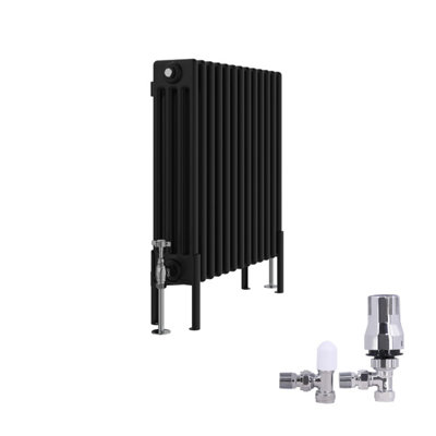 B&Q -  Traditional 4 Column Radiator Horizontal Cast Iron Style Rads 600X605mm Black With Angled Thermostatic Valve