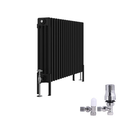 B&Q -  Traditional 4 Column Radiator Horizontal Cast Iron Style Rads 600X830mm Black With Angled Thermostatic Valve