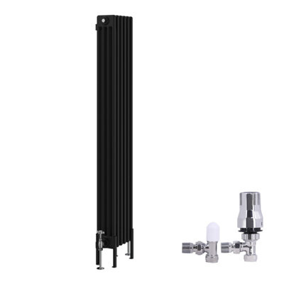 B&Q -  Traditional 4 Column Radiator Vertical Cast Iron Style Rads 1500X290mm Black With Angled Thermostatic Valve