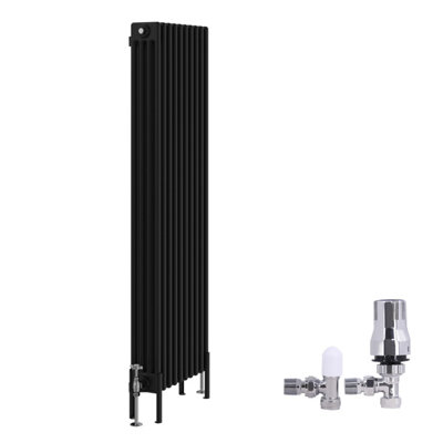 B&Q -  Traditional 4 Column Radiator Vertical Cast Iron Style Rads 1500X470mm Black With Angled Thermostatic Valve