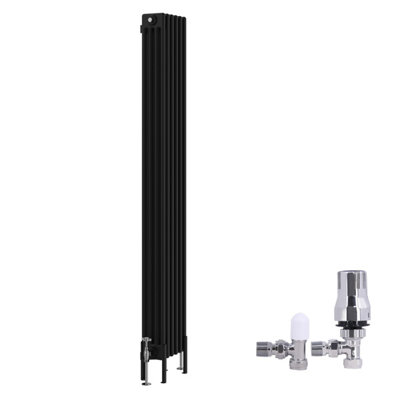 B&Q -  Traditional 4 Column Radiator Vertical Cast Iron Style Rads 1800X290mm Black With Angled Thermostatic Valve