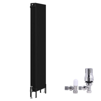 B&Q -  Traditional 4 Column Radiator Vertical Cast Iron Style Rads 1800X470mm Black With Angled Thermostatic Valve