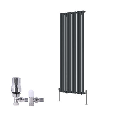 Right Radiators Anthracite Vertical Single Oval Column Rads Designer Radiator 1600X590mm With Angled Trv Thermostatic Valve