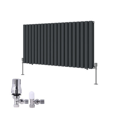 B&Q -  Horizontal Double Oval Column Rads Designer Radiator 600X1180mm Anthracite With Angled Trv Thermostatic Valve