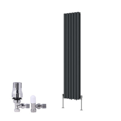 B&Q -  Vertical Double Oval Column Rads Designer Radiator 1600X354mm Anthracite With Angled Trv Thermostatic Valve