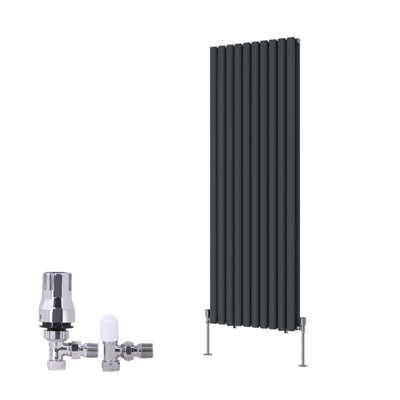 Right Radiators Anthracite Vertical Double Oval Column Rads Designer Radiator 1600X590mm With Angled Trv Thermostatic Valve