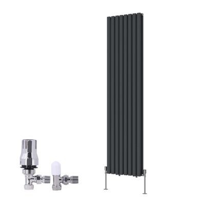 B&Q -  Vertical Double Oval Column Rads Designer Radiator 1800X472mm Anthracite With Angled Trv Thermostatic Valve