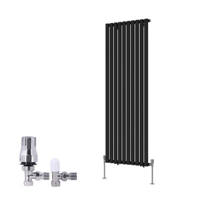 Right Radiators Black Vertical Single Oval Column Rads Designer Radiator 1600X590mm With Angled Trv Thermostatic Valve