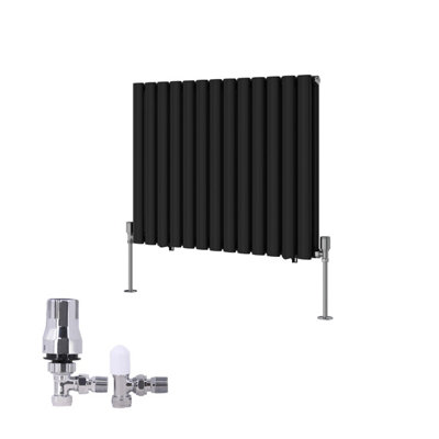 B&Q -  Horizontal Double Oval Column Rads Designer Radiator 600X767mm Black With Angled Trv Thermostatic Valve