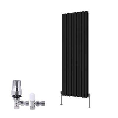 Right Radiators Black Vertical Double Oval Column Rads Designer Radiator 1600X590mm With Angled Trv Thermostatic Valve