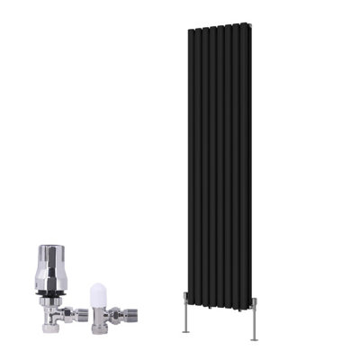 B&Q -  Vertical Double Oval Column Rads Designer Radiator 1800X472mm Black With Angled Trv Thermostatic Valve