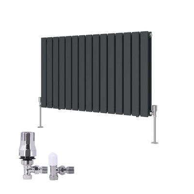B&Q -  Horizontal Double Flat Panel Rads Designer Radiator 600X1020mm Anthracite With Angled Trv Thermostatic Valve