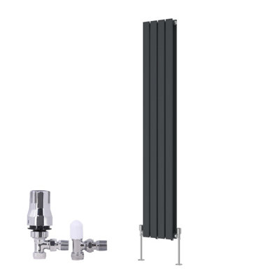 B&Q -  Vertical Double Flat Panel Rads Designer Radiator 1600X272mm Anthracite With Angled Trv Thermostatic Valve
