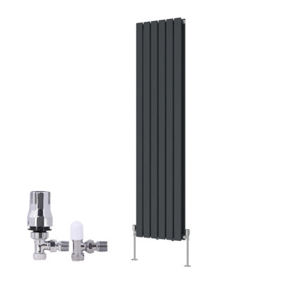 B&Q -  Vertical Double Flat Panel Rads Designer Radiator 1600X408mm Anthracite With Angled Trv Thermostatic Valve