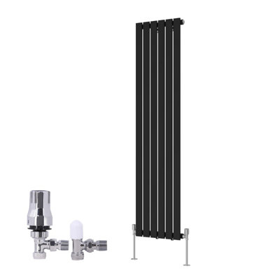 B&Q -  Vertical Single Flat Panel Rads Designer Radiator 1600X408mm Black With Angled Trv Thermostatic Valve