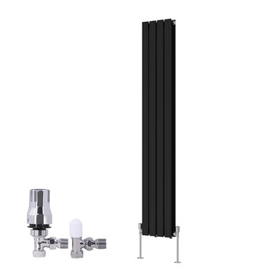 B&Q -  Vertical Double Flat Panel Rads Designer Radiator 1600X272mm Black With Angled Trv Thermostatic Valve