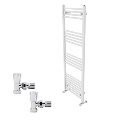 B&Q -  1400X500mm White Straight Heated Towel Rail Radiator With Chrome Angled Lockshield Valves