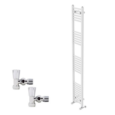 B&Q -  1800X300mm White Straight Heated Towel Rail Radiator With Chrome Angled Lockshield Valves
