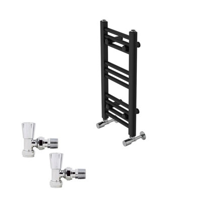 B&Q -  600X300mm Black Straight Heated Towel Rail Radiator With Chrome Angled Lockshield Valves